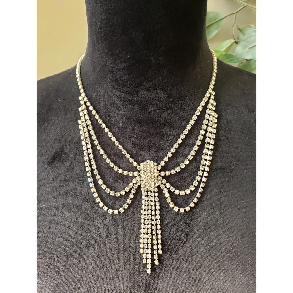 Women's Gold & White Multi Chain Tassel Top Of A Simple Mock Neck Necklace